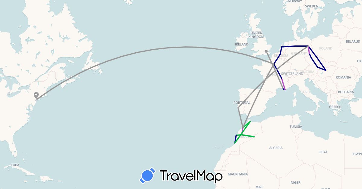 TravelMap itinerary: driving, bus, plane, train in Austria, Belgium, Czech Republic, Germany, France, United Kingdom, Hungary, Morocco, Netherlands, Portugal, United States (Africa, Europe, North America)